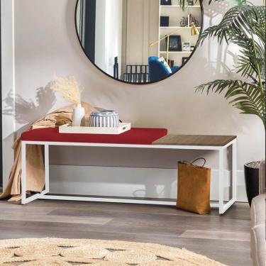 Imagem de Banco Recamier Puff 140cm Industrial Branco Sintético Vermelho Tampo Quadrado Mdf Marmorizado