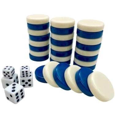 Imagem de FAMA.store 30 Pieces Backgammon Checkers Replacement Set Checker Board Games Playing Game Chips with 5 Dice Come with Drawstring Storage Pouch (Blue&Ivory 1.25 inch)