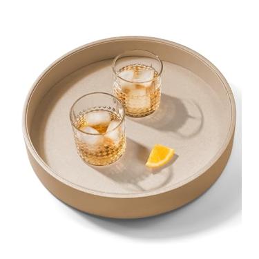 Imagem de ATZYmolin Bandeja de servir redonda, de couro decorativo para casa, bandeja decorativa de madeira, bandeja de banheiro para todas as ocasiões, antiderrapante, cáqui