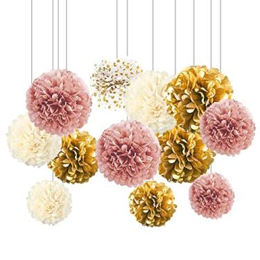 Imagem de Xiksxitn 12 Peças De Pompons Papel Seda Com Gradiente Dourado - Brancos Pendurados Bolinhas E Flores Em Formato Bola Para Decoração Festa (20, 25 30 Cm)