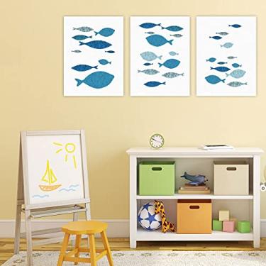 Imagem de 3pcs Canvas Wallart Pintando Peixes de Desenho Animado Imprimido Estilo Nórdico para Decorar o Quarto Leve e Fácil de Pendurar na Parede