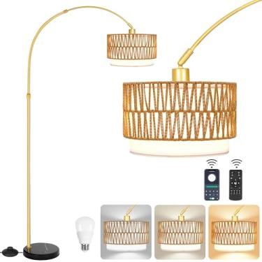 Imagem de Fttoyoly Luminária De Chão Vime Para Sala Estar, Estilo Boho, Com Abajur Duplo Linho, Ajustável, Alta, Vime, 3 Temperaturas Cor, Quarto, Escritório, Leitura, Dourada