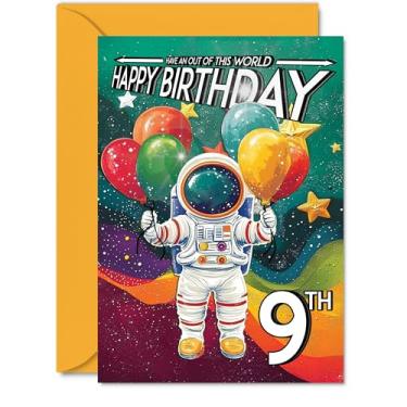 Imagem de Stuff4 Cartão de aniversário de 9 anos menino - traje espacial astronauta - Cartão de aniversário do espaço sideral para menina de 9 anos, cartões de 9 anos de idade para meninos e meninas, saudação