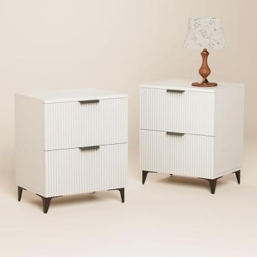 Imagem de Royal Windsor Conjunto de 2 mesas-de-cabeceira caneladas pequenas com 2 gavetas, mesa lateral, armário de armazenamento pequeno, mesa de cabeceira moderna para quarto e cama de casal, branca