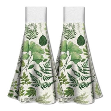 Imagem de WADORN Conjunto de 2 toalhas de cozinha suspensas botânicas, toalhas de mão de folhas verdes super absorventes com laço microfibra samambaia planta ervas decorativas toalhas de prato de mão toalhas de