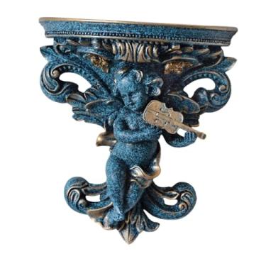 Imagem de Fenteer Organizador de prateleira flutuante decorativo, estátua de resina, escultura de parede de anjo para decoração de berçário, banheiro e casa, Azul com Violino