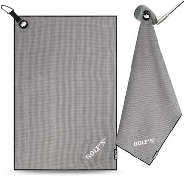 Imagem de Golf'N Toalha de microfibra - toalha de golfe magnética cinza escuro 40,6 cm x 61 cm toalhas de golfe para sacos de golfe com ímãs resistentes N52, clipe mosquetão e laço reforçado com costura cruzada