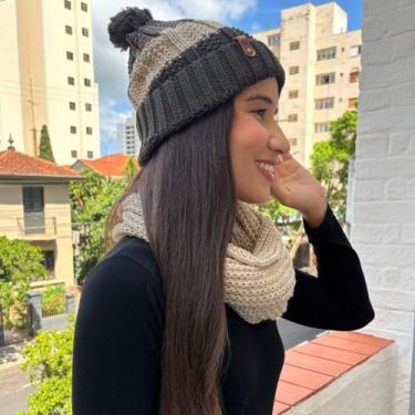 Imagem de Conjunto Touca Pompom Listrada Com Cachecol Gola Lã Macio Quentinho - 