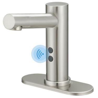 Imagem de BWE Torneira de pia de banheiro escovada sem toque torneira sensor automático mãos livres com furo placa de cobertura sensor movimento inteligente banheiro lavatório pia torneira níquel com linhas de