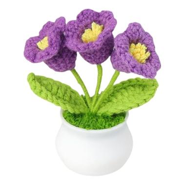 Imagem de JWlock Mini vaso feito à mão - flores artificiais de crochê tricotadas à mão para mesa de escritório, painel de carro e mesa de casa - Presente de planta sintética minúscula, sem manutenção (roxo