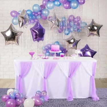 Imagem de Saia de mesa rosa e branca, tule, toalha de mesa para chá de bebê, festa de aniversário, sobremesas, buffet, decoração de banquete, roxo e branco, 9 pés 275 x 78 cm