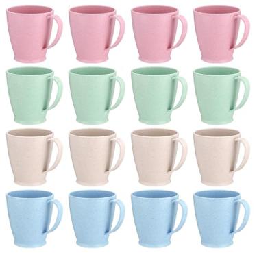 Imagem de 16 peças de copos de palha de trigo, canecas de café de palha de trigo de 283 g com alças, canecas de plástico inquebráveis reutilizáveis, laváveis na lava-louças e no micro-ondas para chá, leite