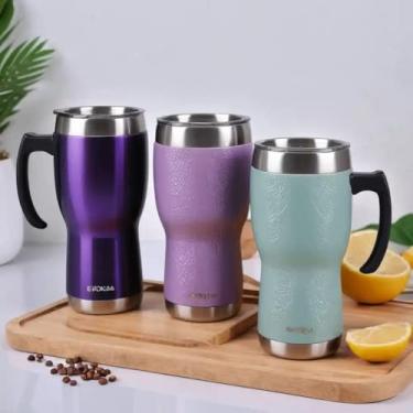 Imagem de Caneca Térmica Parede Dupla em Aço Inox Roxa 650ml com Base Antiderrapante - Estilo Texturizado