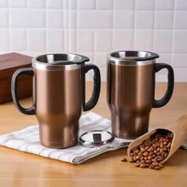 Imagem de Caneca Térmica Parede Dupla em Aço Inox Marrom 500ml com Tampa Hermética - Estilo Liso