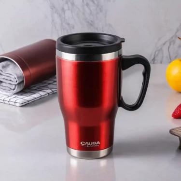 Imagem de Caneca Térmica Parede Dupla em Aço Inox Vermelha 400ml com Tampa Hermética - Estilo Texturizado