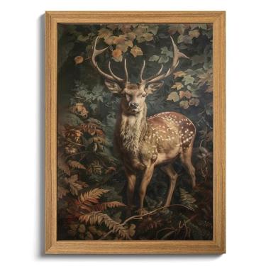 Imagem de Arte de parede vintage texturizada 3D emoldurada - Dark Academia Decor Sika Deer pinturas de arenito desenhadas à mão com florais botânicos, decoração de parede estética para sala de estar quarto casa