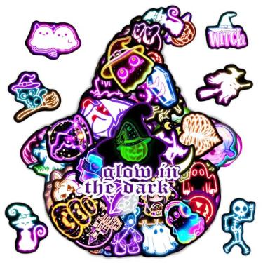 Imagem de 65 peças de adesivos de Halloween neon que brilham no escuro para crianças, decalques impermeáveis para garrafa de água, decoração de laptop de vinil para adolescentes, meninas, meninos, prêmios de