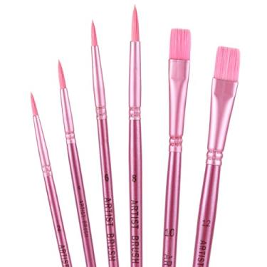 Imagem de lasuroa 6 Peças Conjunto de Pincéis, Cerdas Nylon Rosa Pincéis para Pintura Acrílica Ponta Redonda e Plana Brushes Artísticos para Aguarela Óleo Rosto Unhas Arte Corporal Detalhes em Miniatura