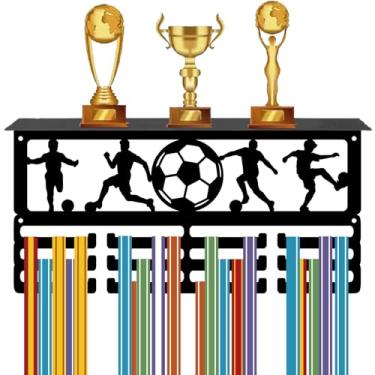 Imagem de CREATCABIN Suporte de prateleira de troféu para exibição de medalhas de futebol, suporte de parede de ferro de metal preto, 60 medalhas, fitas de prêmios, suporte de cabide com 12 ganchos para atletas