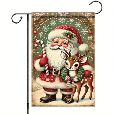 Imagem de Starlit Patio Bandeira de jardim de Natal Papai Noel com bandeira de rena, decoração de quintal ao ar livre, 30,5 x 45,7 cm, faixa de inverno dupla face, bengala doce, floco de neve, guirlanda sazonal