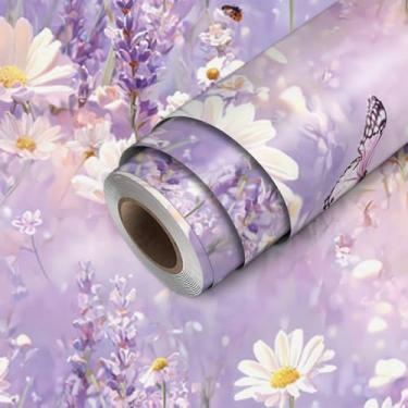 Imagem de HOMETITUTE Papel de parede de papel de parede de borboleta de margarida lavanda descasque e cole papel de parede 45 cm x 300 cm revestimento de parede de vinil removível para quarto cozinha decoração