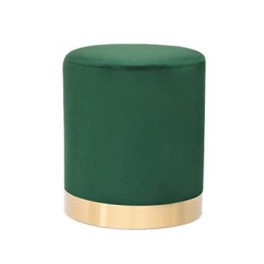 Imagem de Adeco Otomano redondo de veludo estofado com base de metal dourado, cadeira de maquiagem macia, compacta, acolchoada, banqueta com apoio para os pés para sala de estar e quarto (verde)