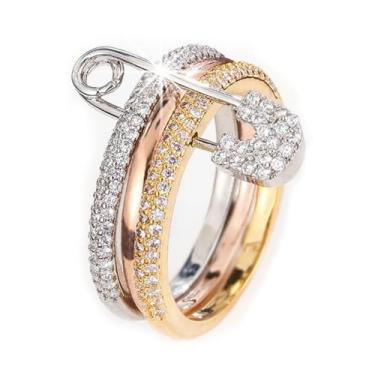 Imagem de Pregeckit Fashion Safety Pin Stackable Rings for Women CZ Cubic Zirconia Paved Multi-Link Connected Statement Rings Chunky Stacking Jewelry Gift (Silver and Gold,9)