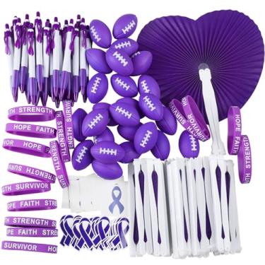 Imagem de Wonderjune 150 Pcs Purple Awareness Assortment Item Bulk Purple Ribbon Sticker Temporary Tattoo Stress Football Folding Fan Hope Strength Wristband Pen for Cancer Day Domestic Violence Awareness Event