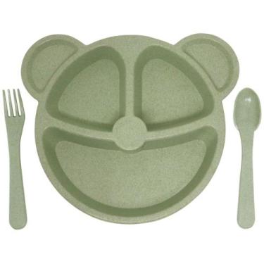 Imagem de Prato com Divisória + Talheres Infantil Bebe BLW Formato Urso Introduç