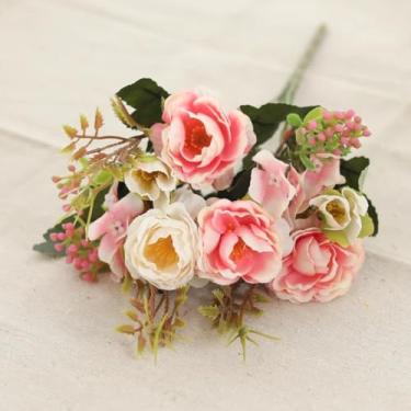 Imagem de Arranjo de flores artificiais de seda, buquê de peônias, vaso, flores falsas para casa, casamento, jardim, sala, decoração faça você mesmo, acessórios para festa (rosa)