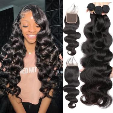 Imagem de Omiliyah Feixes de cabelo humano ondulado com fecho (16 18 20+14) 4x4 HD lace closure com feixes 12A grau não processado cabelo humano virgem brasileiro cor preta natural