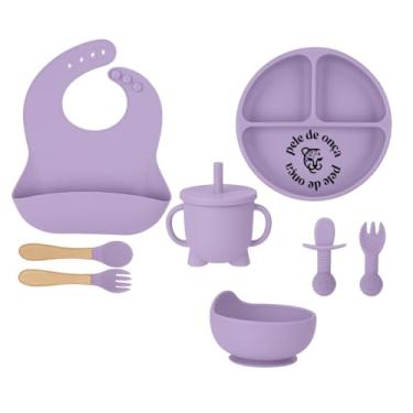 Imagem de Kit Alimentação Bebê 8 Peças Silicone Atóxico Prato com Divisórias Tigela Babador Talheres Copo com Canudo (Roxo)