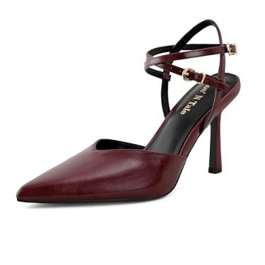 Imagem de Shoe'N Tale Sandálias femininas de salto alto com bico fino, bico fino, bico fechado, tira no tornozelo, sandálias de salto com fivela dupla, salto sexy para festa de casamento, escritório, Borgonha