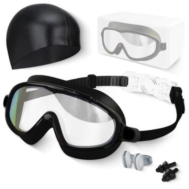 Imagem de Hurdilen Óculos de natação para crianças, antiembaciamento, proteção UV e visão ampla com touca de natação para crianças de 3 a 15 anos, meninos e meninas (preto e preto)