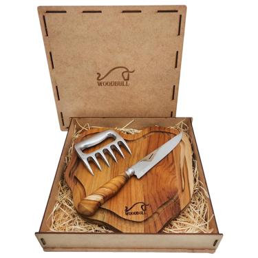 Imagem de Kit Churrasco Edição Especial, com Ferramentas para Preparar e Servir Carnes com Estilo, Ideal para Churrascos, Festas e Presente, Tábua Artesanal, Faca Inox 7" e Garra de Urso – WOODBULL.