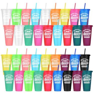 Imagem de Pacote com 36 copos de plástico com tampas e canudo, copos reutilizáveis com tampas e canudos, copos coloridos para bebidas frias, café gelado, copo de plástico a granel para presentes de aniversário