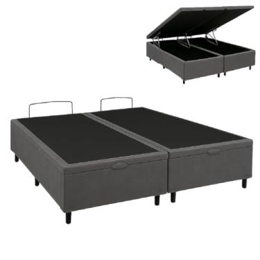 Imagem de So1clique Cama Box Baú Casal Bipartida, Base Reforçada, 138x188cm, Suede Cinza, 2 Compartimentos