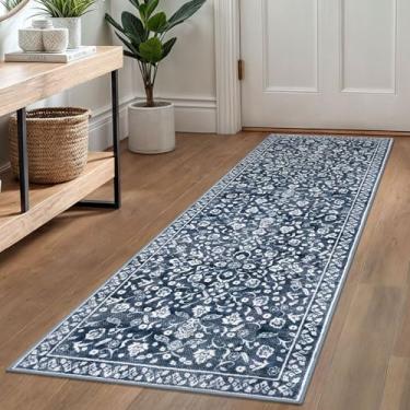 Imagem de SILOLOOM Tapete vintage lavável 5 x 15 cm, azul-marinho para corredores, tapete de cozinha super macio, antiderrapante, tapete fino floral de lã sintética estampada para entrada, lavanderia, quarto