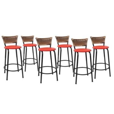 Imagem de Kit 6 Banquetas Para Balcão 60cm Preta Junco Cappuccino Balcão Bistrô 