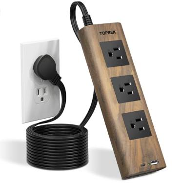 Imagem de Régua de linha com USB, filtro de linha TOPREK (1800J), filtro de linha ultrafino de 3 m com 3 tomadas CA amplamente espaçadas, 1 USB-C e 1 USB-A, filtro de linha com acabamento de madeira para casa