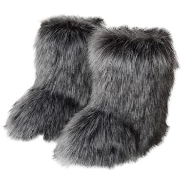 Imagem de Valpeak Botas de neve femininas 2024 botas peludas de inverno cano alto salto plano macio pele sintética botas, Cinza escuro, 8 Wide