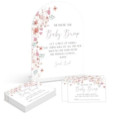 Imagem de Baby Shower Games - Wildflower Measure The Baby Bump Game, 1 placa de acrílico em arco e 50 cartões de adivinhação, jogo de revelação de gênero, suprimentos de decoração floral para chá de bebê (DP05)