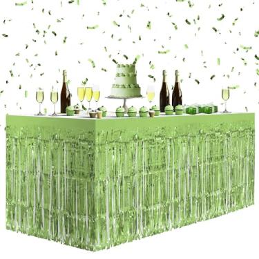 Imagem de Pacote com 8 saias de mesa verde-claro, saias de mesa de 73,7 x 274,3 cm de folha metálica com franjas para mesas retangulares, cortinas de flâmula, pano de fundo, decorações de festa para