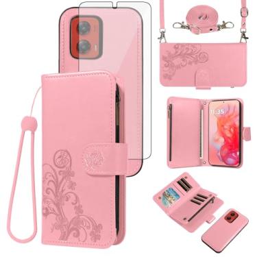 Imagem de Asuwish Capa de celular para Motorola Moto G Stylus 5G 2024 com zíper carteira magnética destacável com protetor de tela de vidro temperado, alça transversal, suporte de cartão de flores G5 mulheres