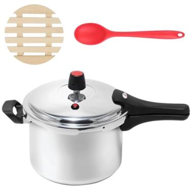 Imagem de Panela de Pressão 4,5 Litros Antiaderente Fechamento Externo + Descanso Redondo + Colher de Silicone Vermelha