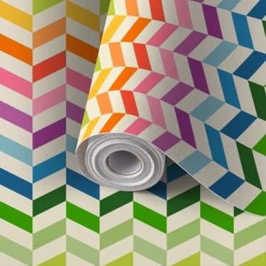 Imagem de AJWGDJAWYV Papel de parede autoadesivo adesivo em ziguezague geométrico 16 cores arco-íris vintage bege branco papel de contato amigável para cozinha, berçário, quarto 61 x 299 cm