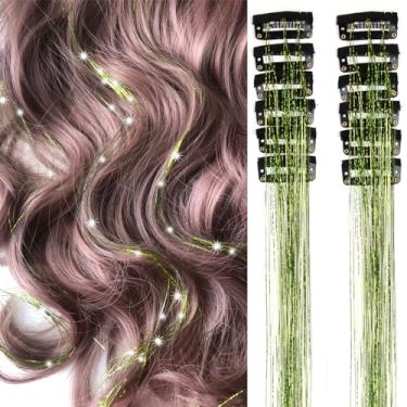 Imagem de Pacote de extensões de tinsel de cabelo verde fruta com clipe de cabelo com 12 peças de 61 cm com glitter resistente ao calor para festa Dazzle Fairy Hair Accessories Kit de fios (verde fruta, 61 cm