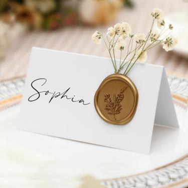 Imagem de Marspark Pacote com 50 cartões de casamento com selo de cera e mesa de flores secas, cartão de nome para impressão, cartão de nome de casamento, dia de Ação de Graças, Natal, jantares, decorações