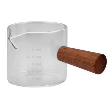 Imagem de Copo Medidor de Vidro com Bico e Alça de Madeira Para Baristas Leite Café Chá,Capacidade: 75ml