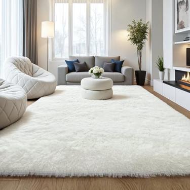 Imagem de Tapetes fofos de 22 x 30 cm para quarto, sala de estar, branco creme, macio, lavável, tapete felpudo para quarto de crianças, berçário, decoração de dormitório, tapetes felpudos fofos coloridos para